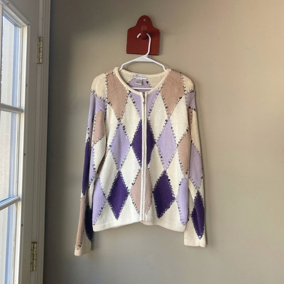 Vintage Dressbarn Abstract Diamond Knit Granny Zip Up Sweater L - Picture 1 of 7